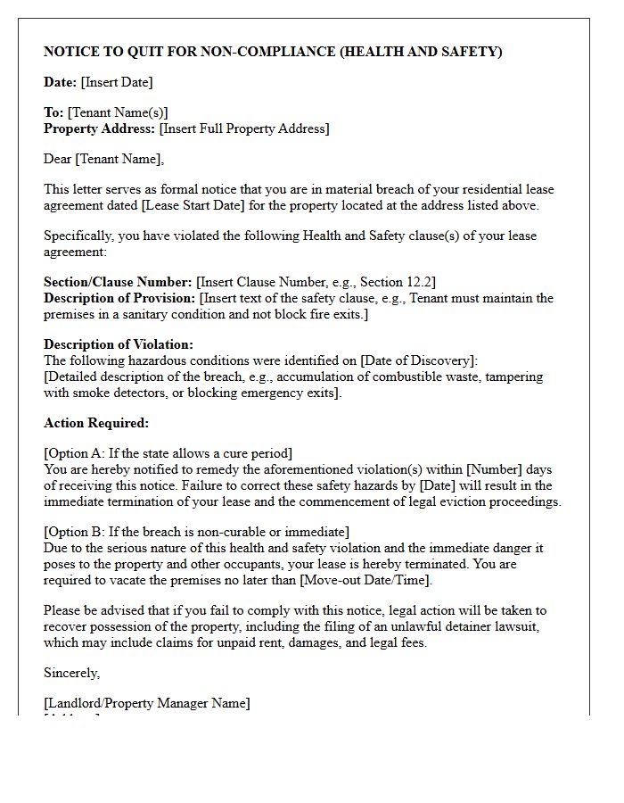 Tenant Eviction Letter for Breach of Health and Safety Lease Clauses