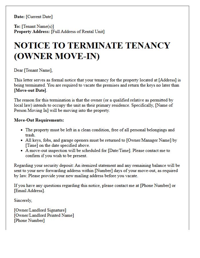 Formal Notice to Vacate Due to Owner Move-In Letter