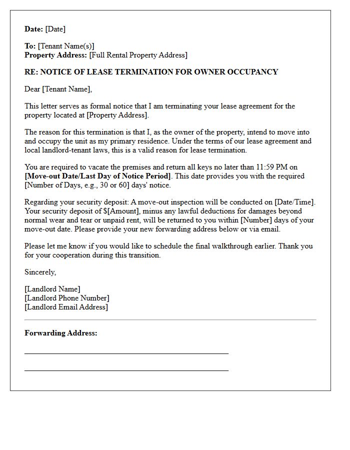 Notice of Lease Termination for Owner Move-In Letter