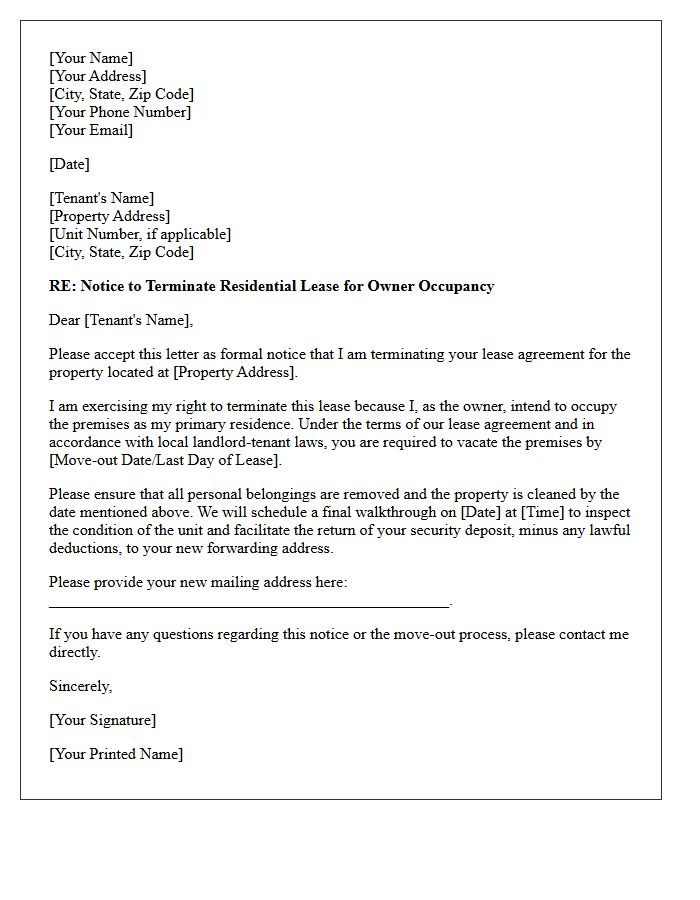Residential Lease Termination for Owner Occupancy Letter