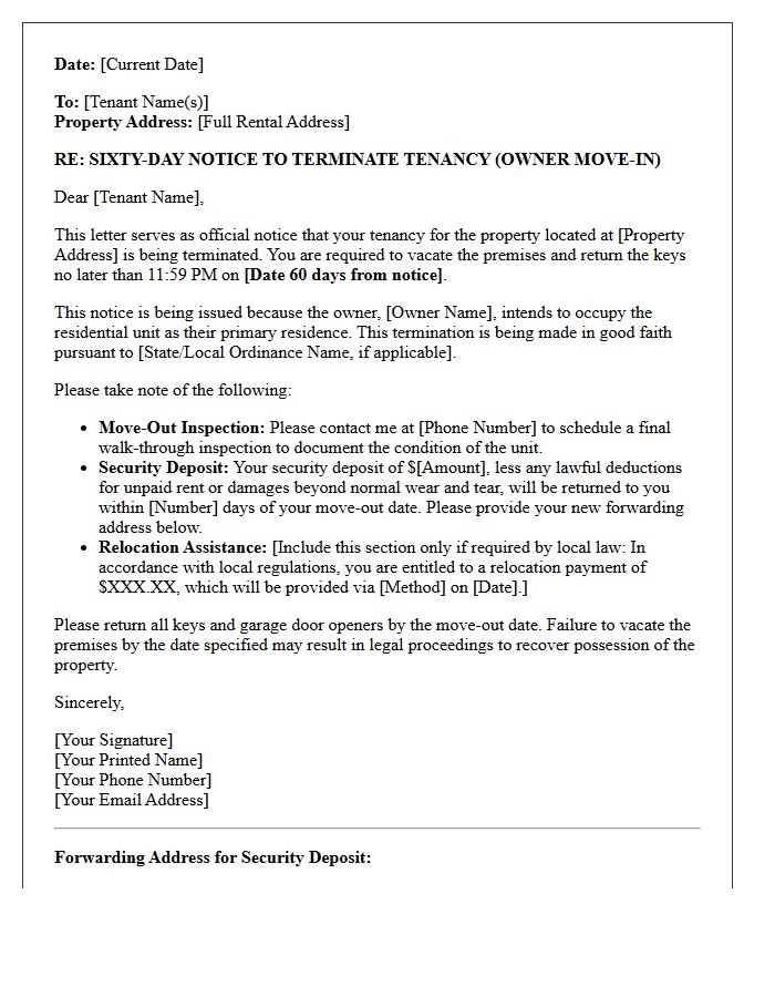 Sixty-Day Notice to Vacate for Owner Move-In Letter
