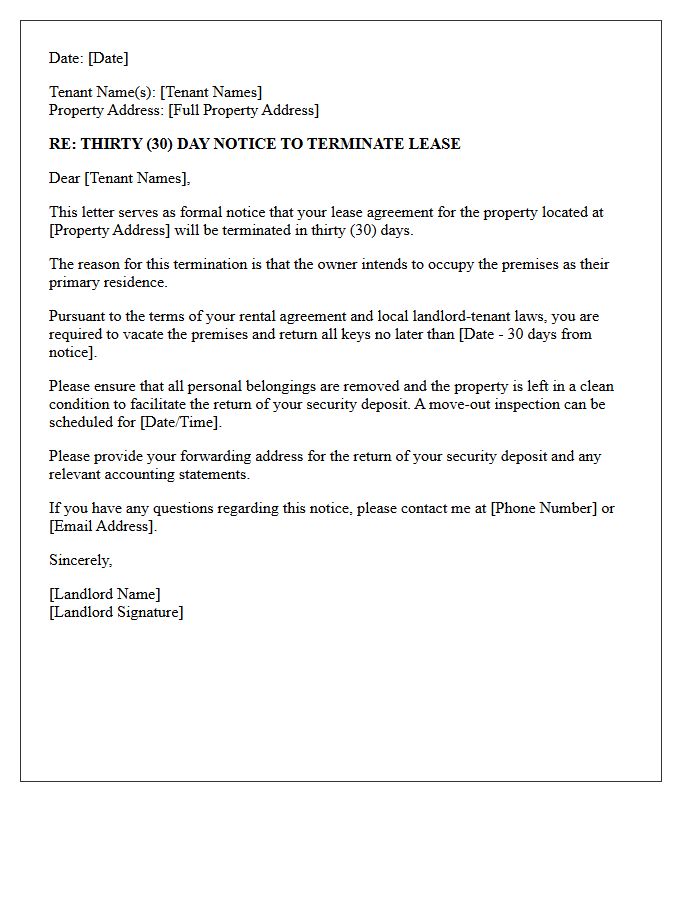 Thirty-Day Lease Termination for Owner Occupancy Letter