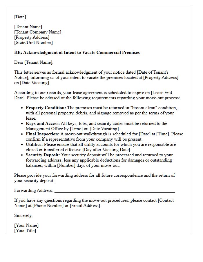 Commercial Property Intent to Vacate Acknowledgment Letter