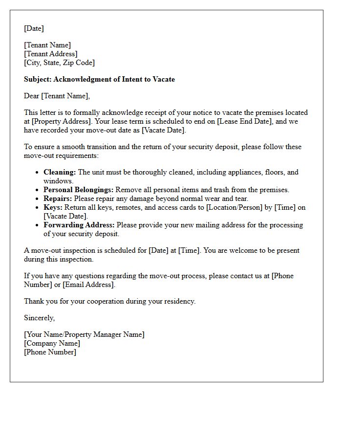 End of Lease Term Vacate Acknowledgment Letter