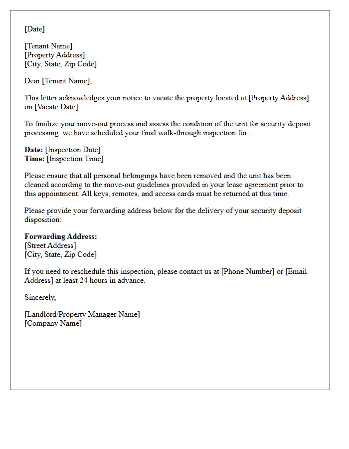 Final Walk-Through Scheduling and Vacate Acknowledgment Letter