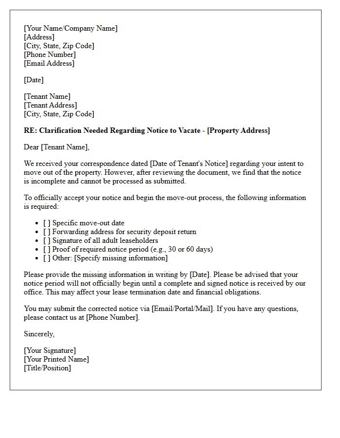 Incomplete Notice to Vacate Clarification Letter
