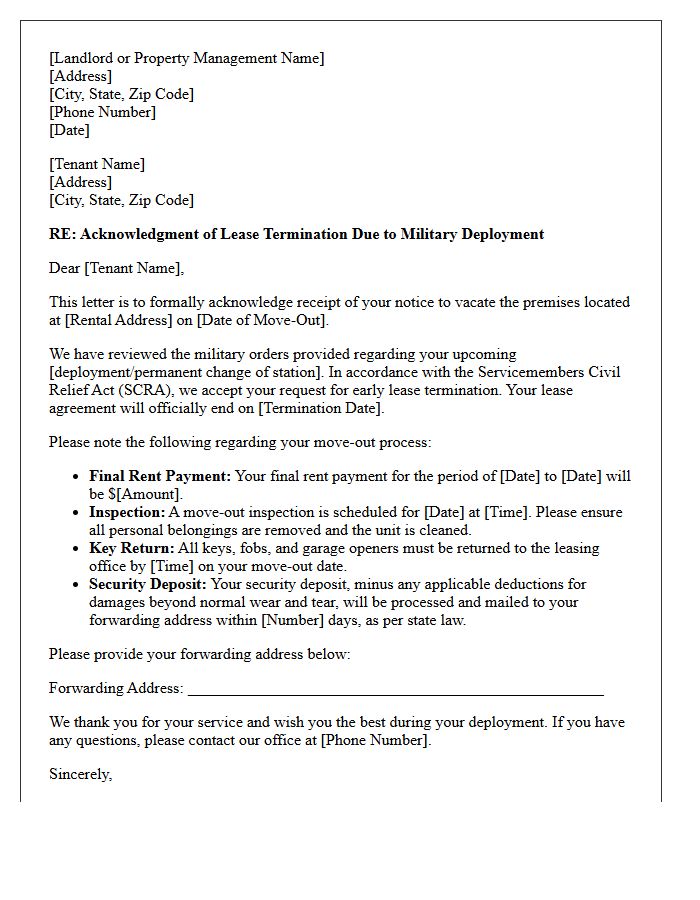 Military Deployment Vacate Acknowledgment Letter