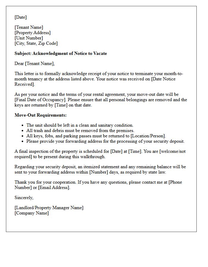 Month-to-Month Tenancy Move-Out Acknowledgment Letter