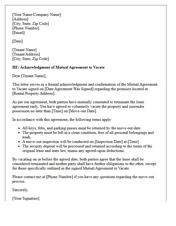 Mutual Agreement to Vacate Acknowledgment Letter