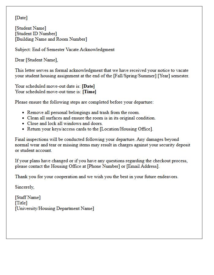 Student Housing End of Semester Vacate Acknowledgment Letter