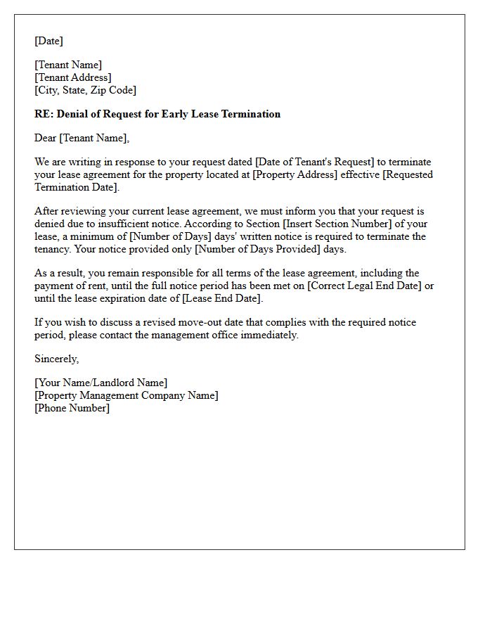 Denial Letter for Early Lease Termination Due to Insufficient Notice