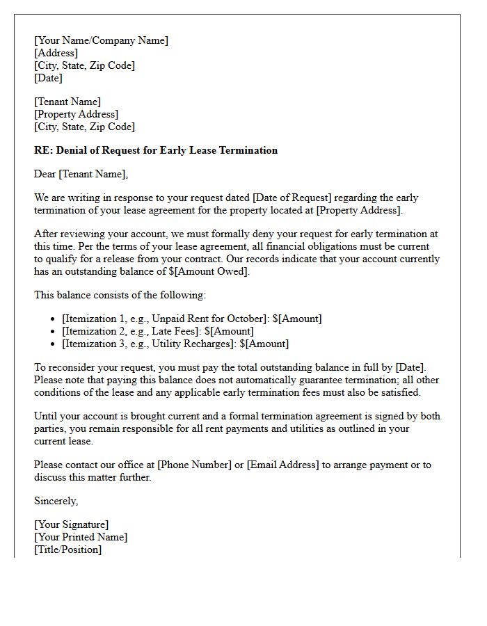 Denial Letter for Early Lease Termination Due to Outstanding Account Balance