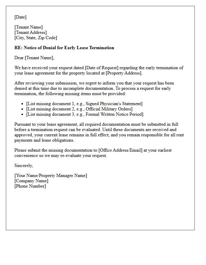 Early Lease Termination Denial Letter Based on Incomplete Documentation