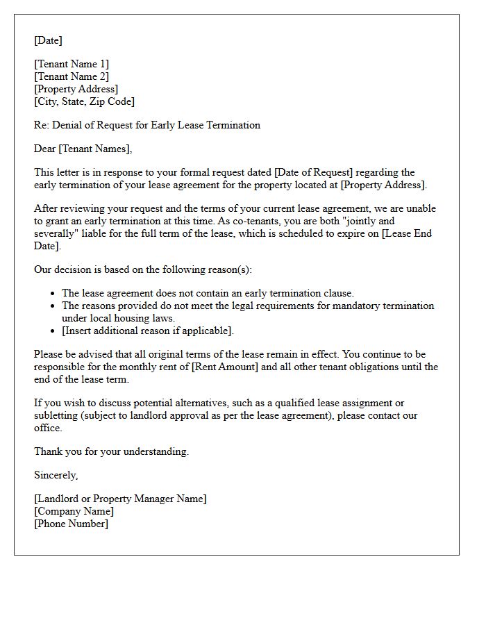 Early Lease Termination Request Denial Letter for Co-Tenants