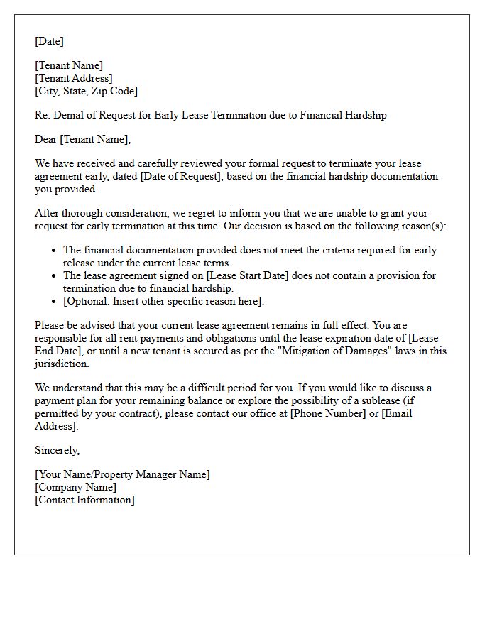 Financial Hardship Request Denial Letter for Early Lease Termination