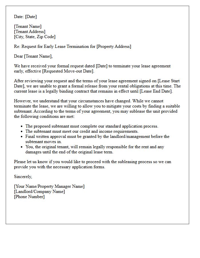 Letter Denying Early Lease Termination and Offering Sublease Alternative