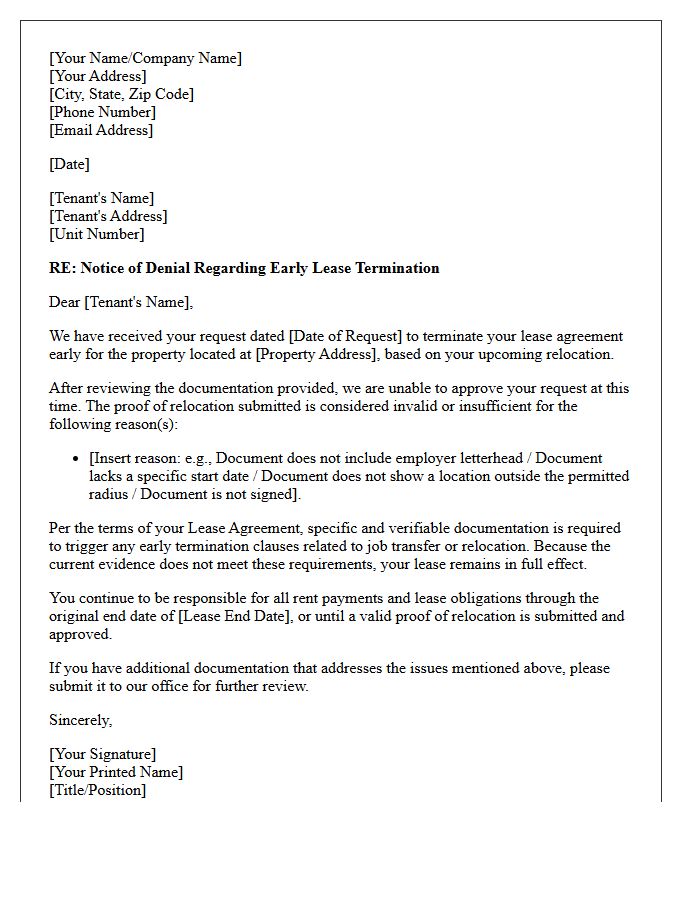 Letter Denying Early Lease Termination Due to Invalid Relocation Proof