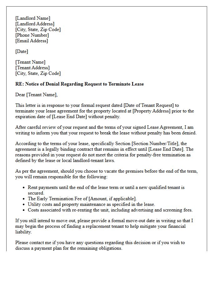 Letter of Denial for Tenant Request to Break Lease Without Penalty