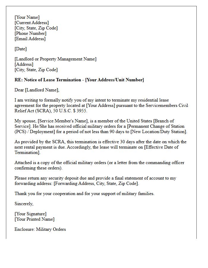 Military Spouse Notice of SCRA Lease Termination Letter