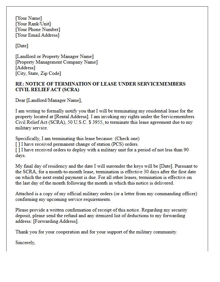 Notice of Early Lease Termination Under Servicemembers Civil Relief Act Letter