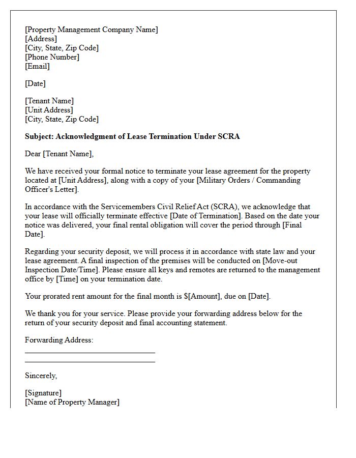 Property Management Acknowledgment of SCRA Lease Termination Letter
