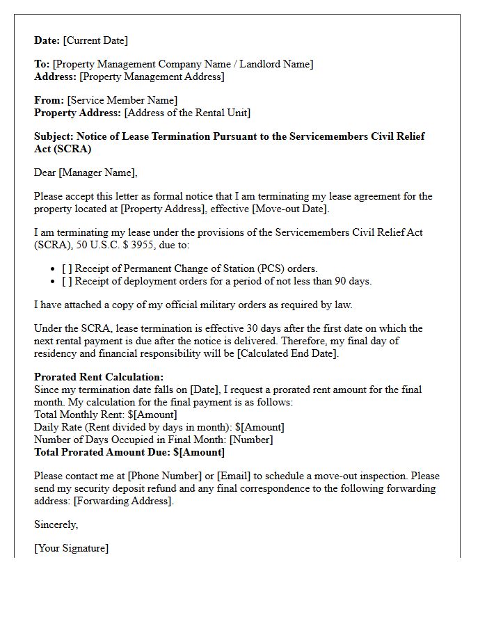 Property Management SCRA Lease Termination Prorated Rent Letter