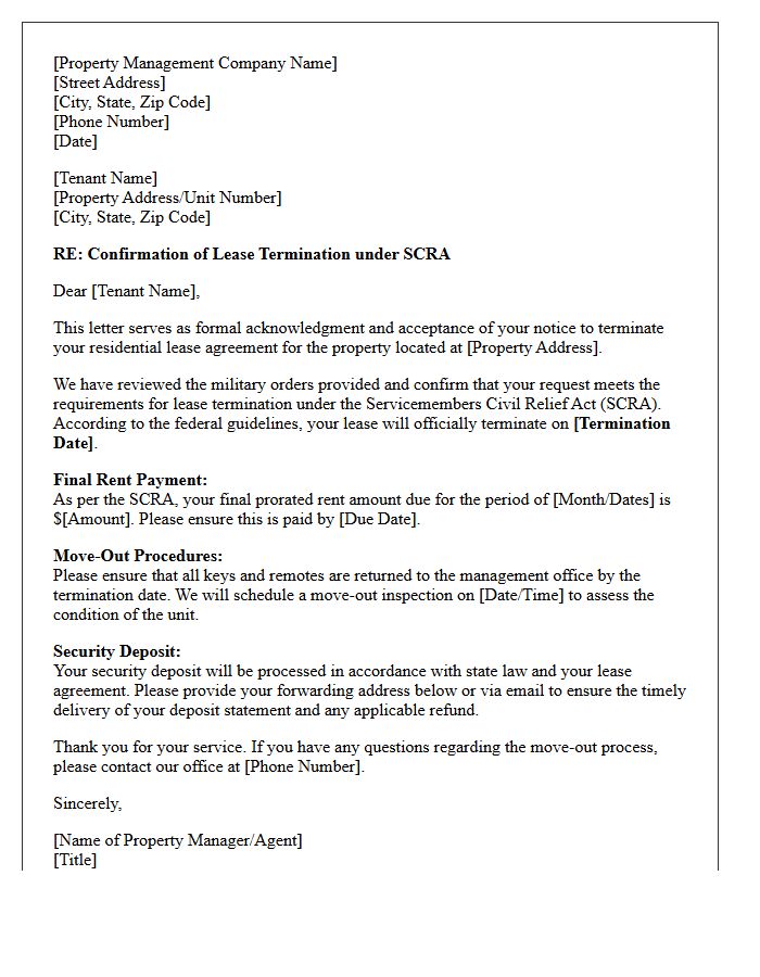 Property Manager Confirmation of SCRA Lease Cancellation Letter