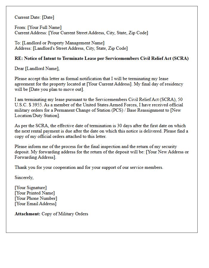 SCRA Base Reassignment Early Lease Termination Letter