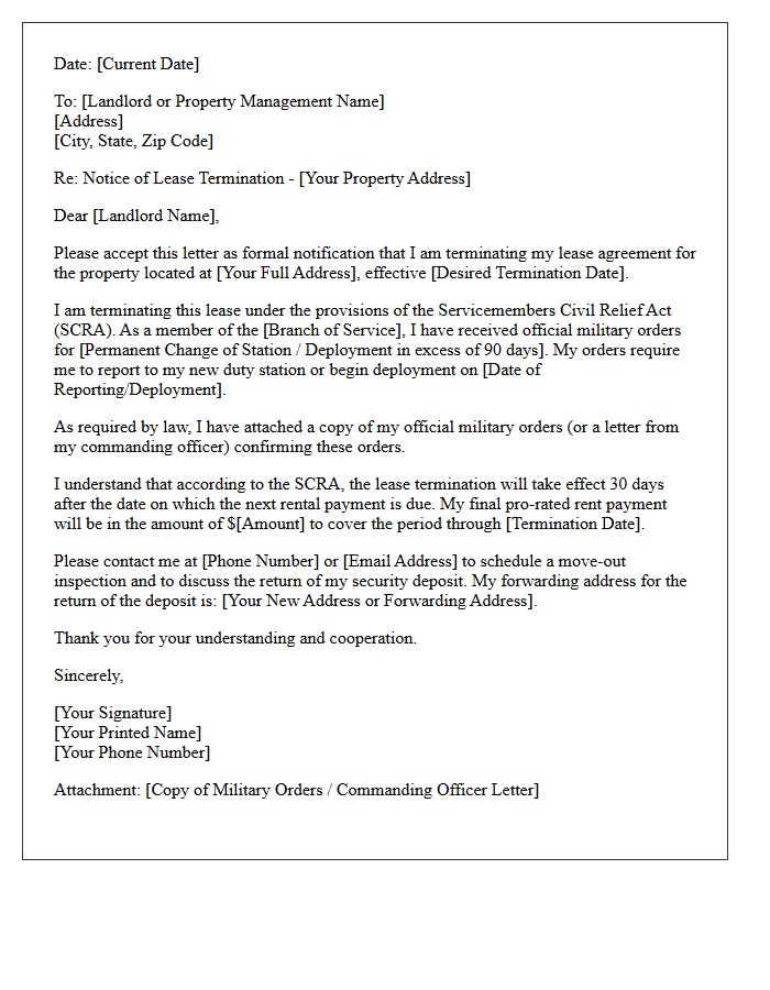 Tenant Notice of Military Deployment Lease Termination Letter