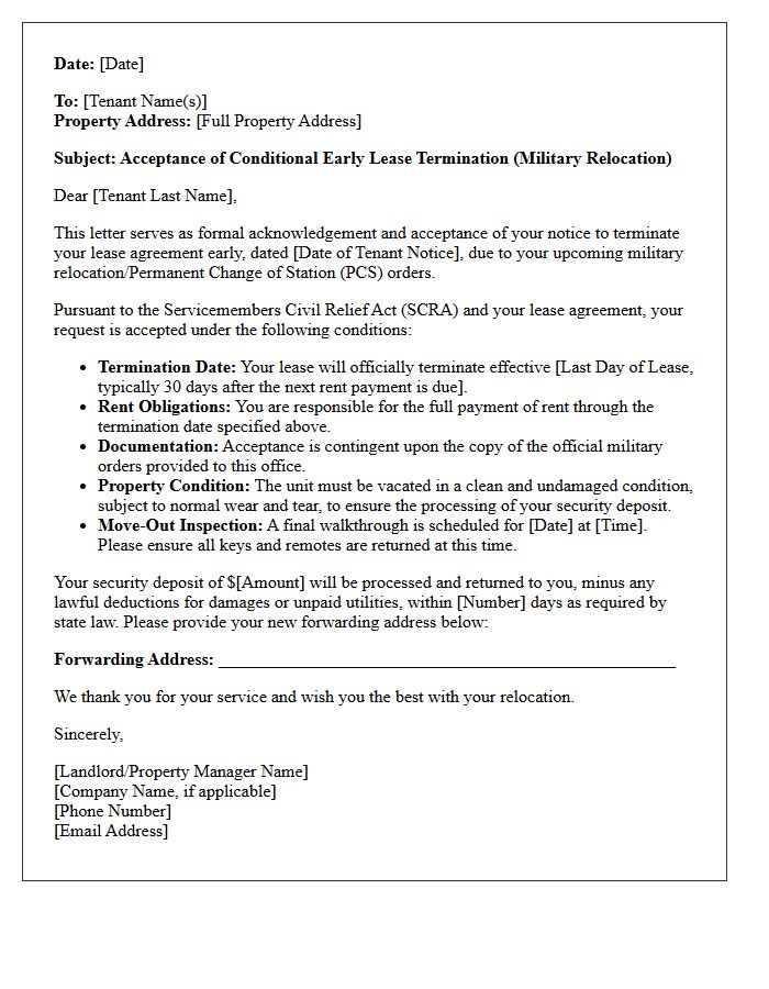 Military Relocation Conditional Early Lease Termination Acceptance Letter