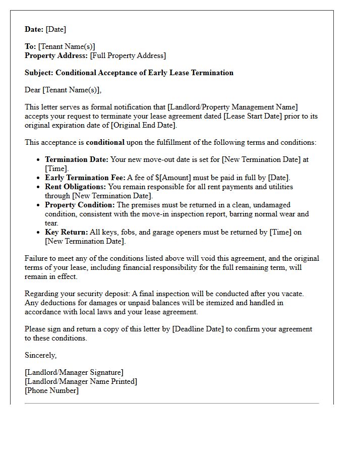 Residential Notice of Conditional Early Lease Termination Acceptance Letter