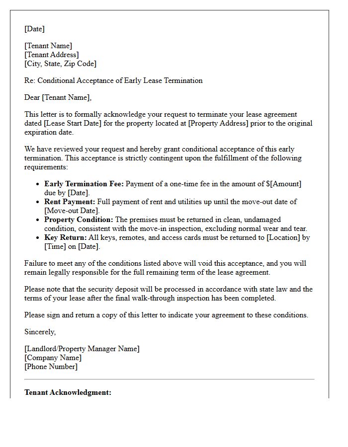 Standard Notice of Conditional Early Lease Termination Acceptance Letter
