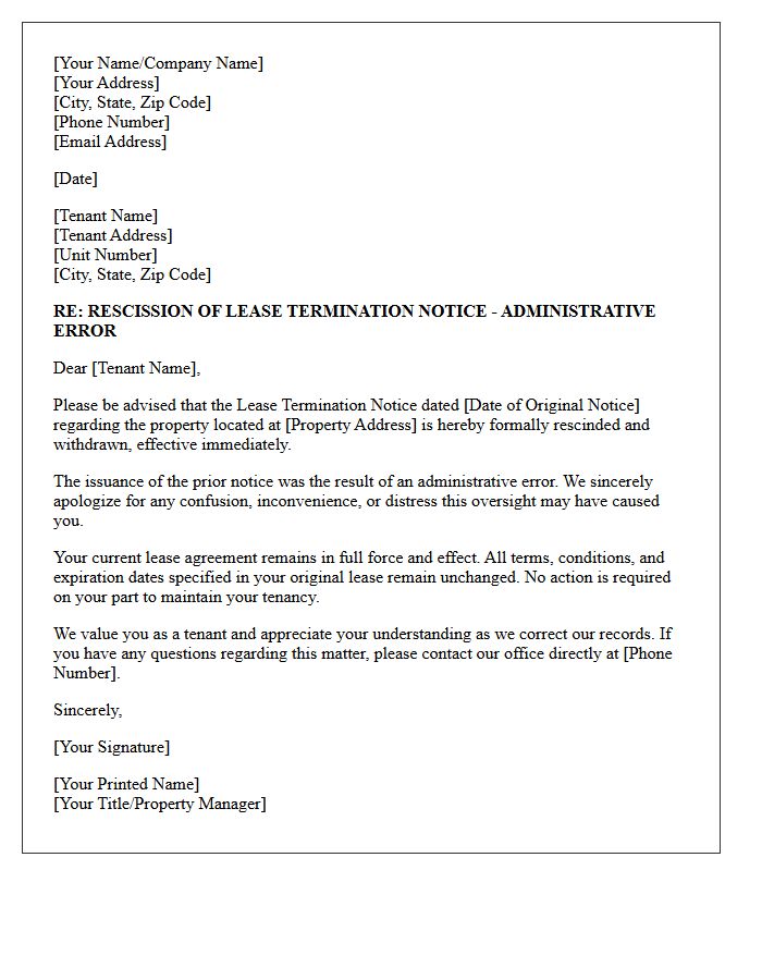 Administrative Error Correction Letter Rescinding Lease Termination Notice