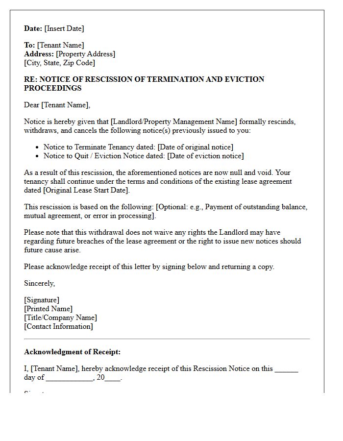 Legal Letter of Rescission Regarding Prior Eviction and Termination Notice