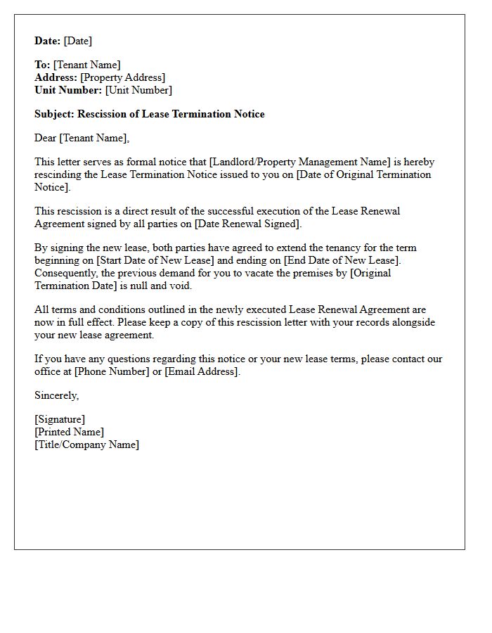 Letter of Lease Termination Rescission Upon Execution of Lease Renewal