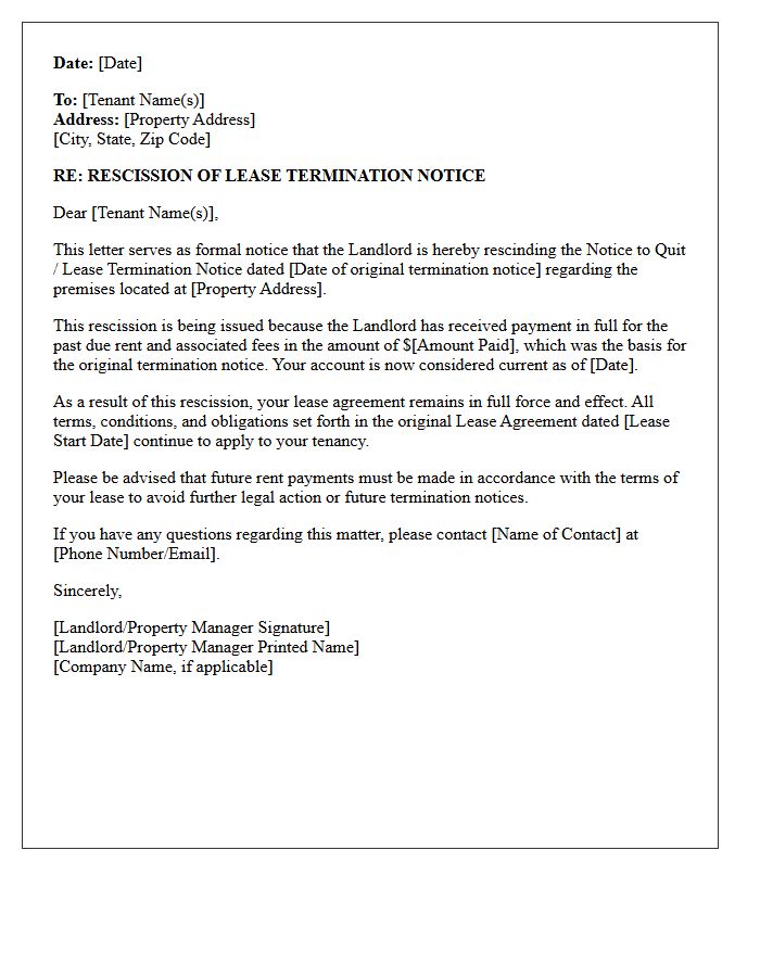 Letter of Rescission of Lease Termination Due to Receipt of Past Due Rent