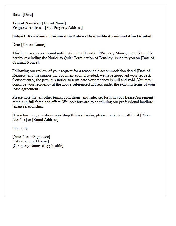 Letter of Rescission of Termination Notice Granted for Tenant Accommodation