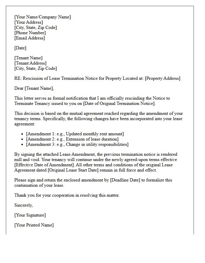 Letter Rescinding Lease Termination Due to Amendment of Tenancy Terms