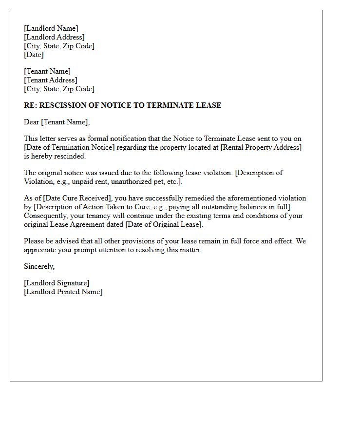 Letter Rescinding Lease Termination Following Tenant Cure of Lease Violation