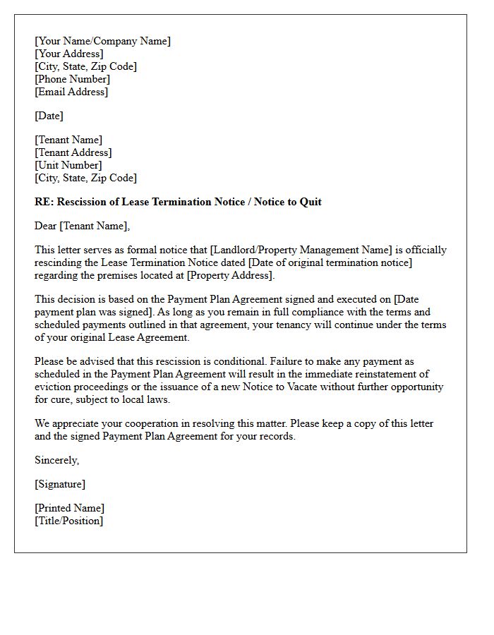 Letter to Rescind Lease Termination Based on Approved Payment Plan Agreement