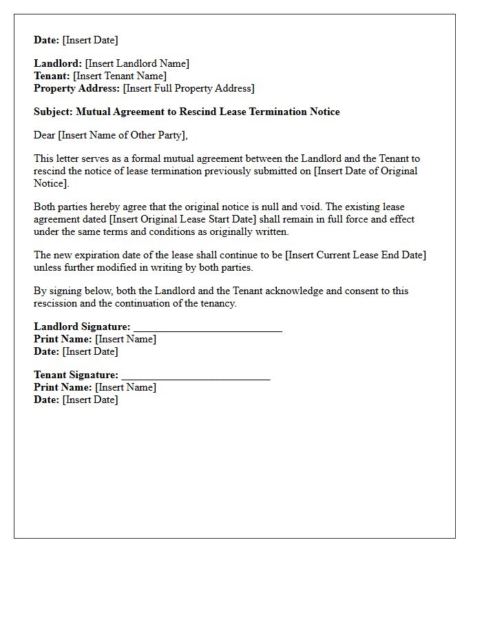 Mutual Agreement Letter to Rescind Previous Lease Termination Notice