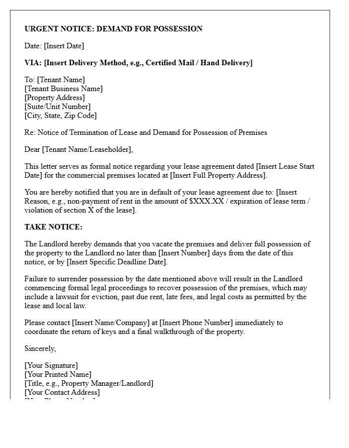 Commercial Property Demand for Possession Letter