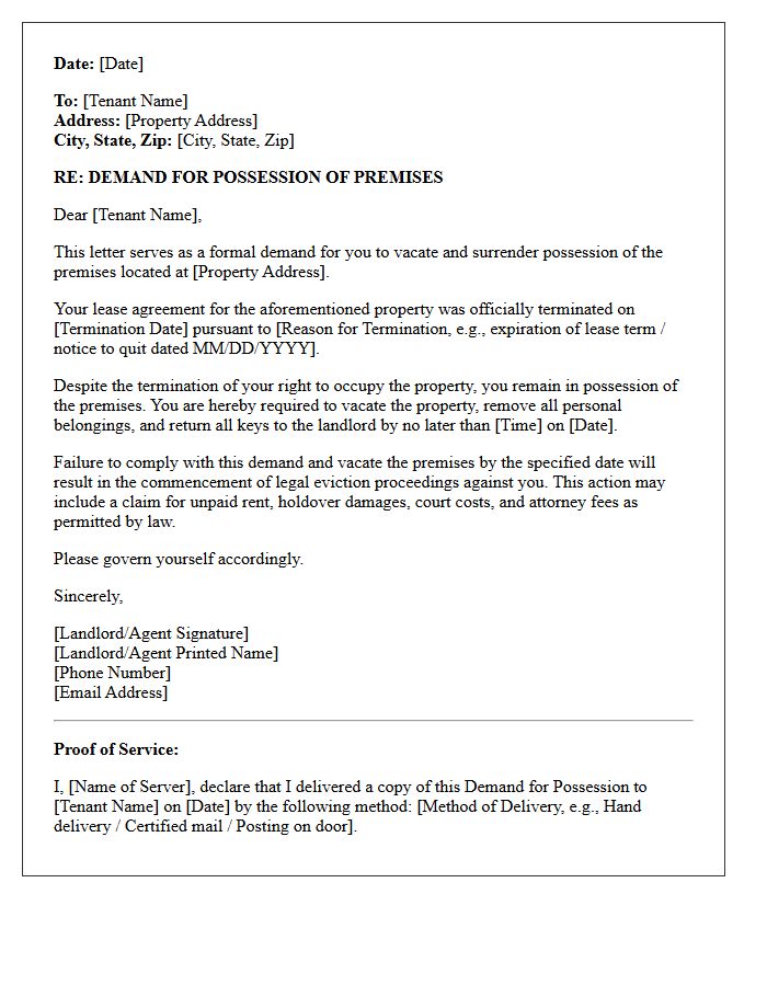 Demand for Possession After Lease Termination Letter