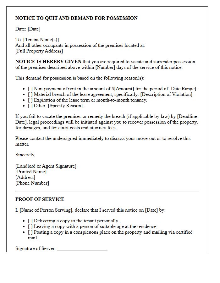 Demand for Possession and Intent to Evict Letter
