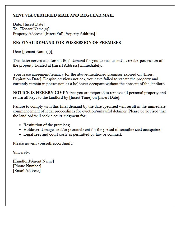 Final Demand for Possession After Expiration Letter