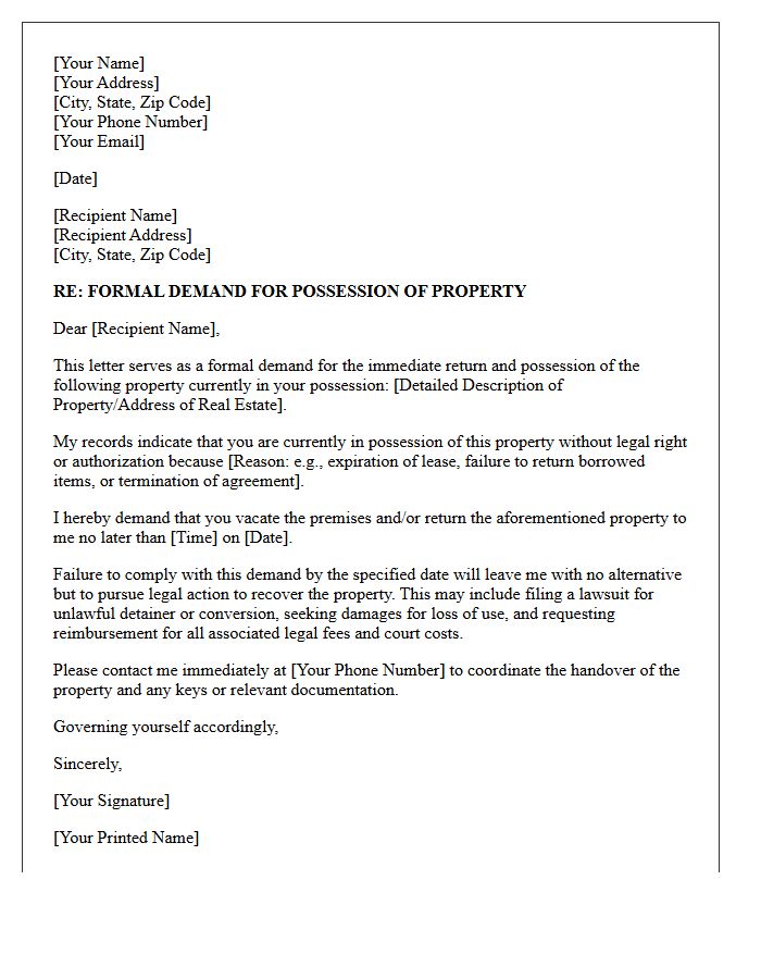 Formal Demand for Possession of Property Letter