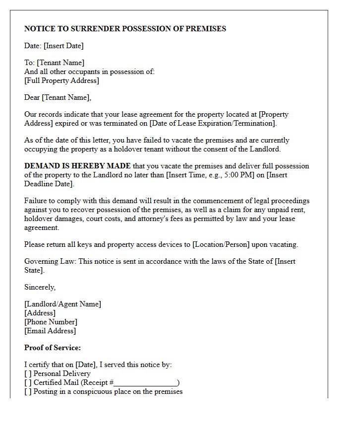 Holdover Tenant Demand for Possession Letter