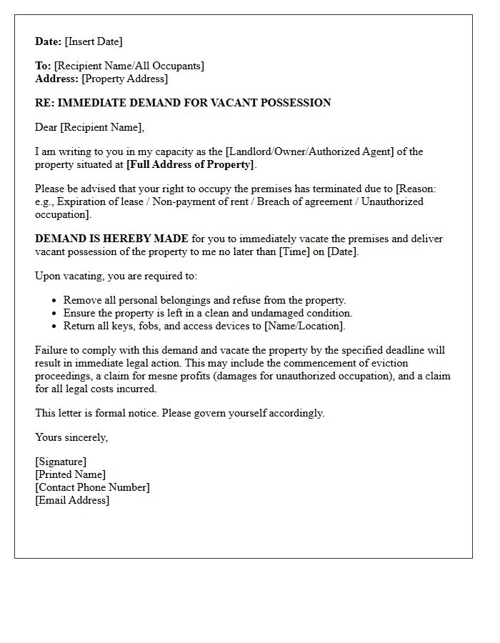 Immediate Demand for Vacant Possession Letter