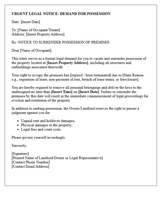 Legal Demand for Possession Surrender Letter