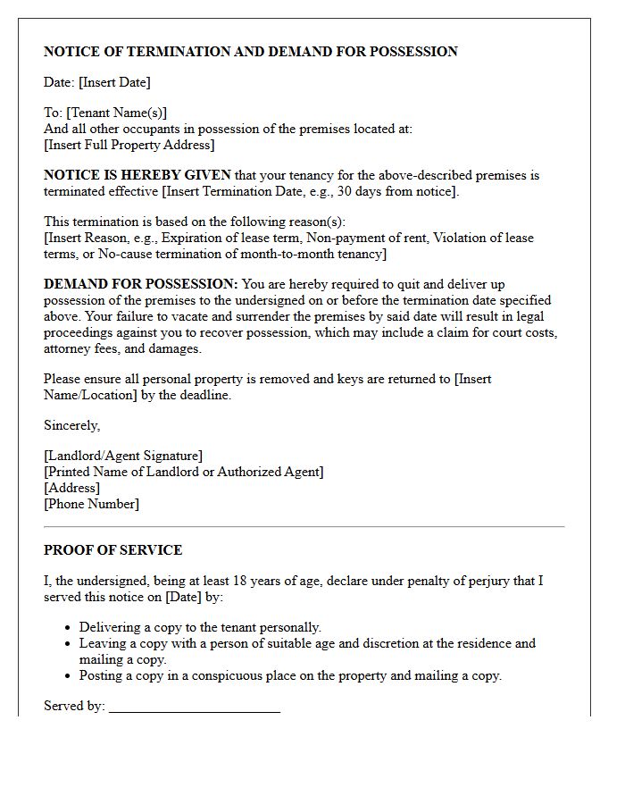 Notice of Termination and Demand for Possession Letter